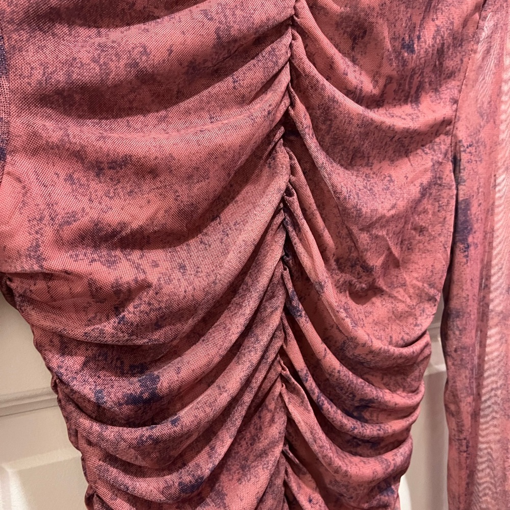 Zara Ruched Long Sleeve Blouse - Deep Burgundy/pink. Sheer - Picture 3 of 4